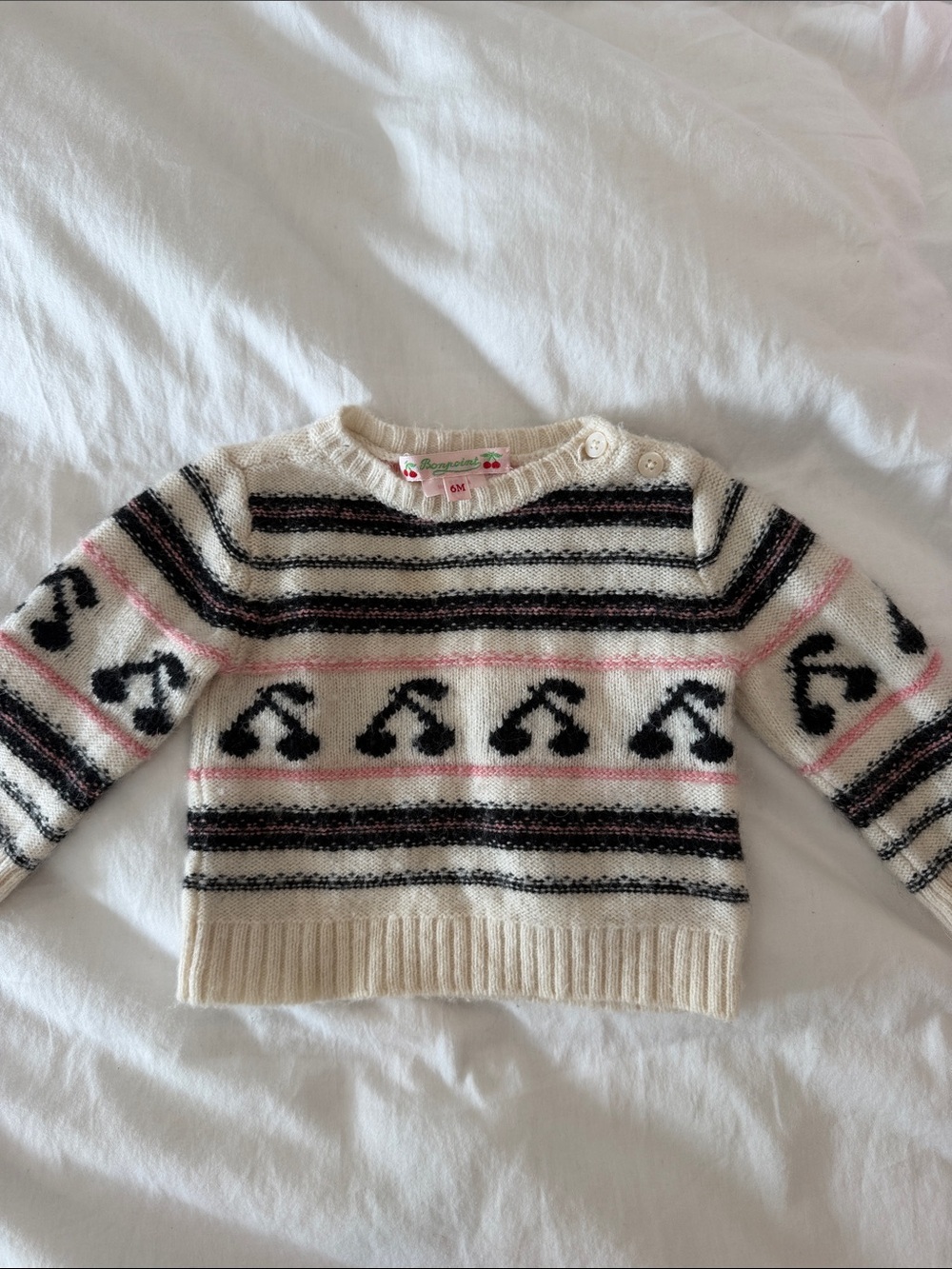 Bonpoint Cream Knit Sweater with Black & Pink Stripes